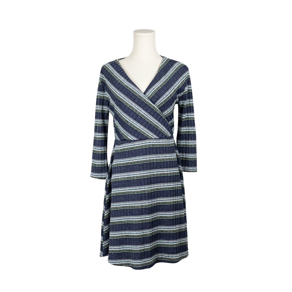 Mi Ami Size L Dress Faux Wrap Striped Midi Blue